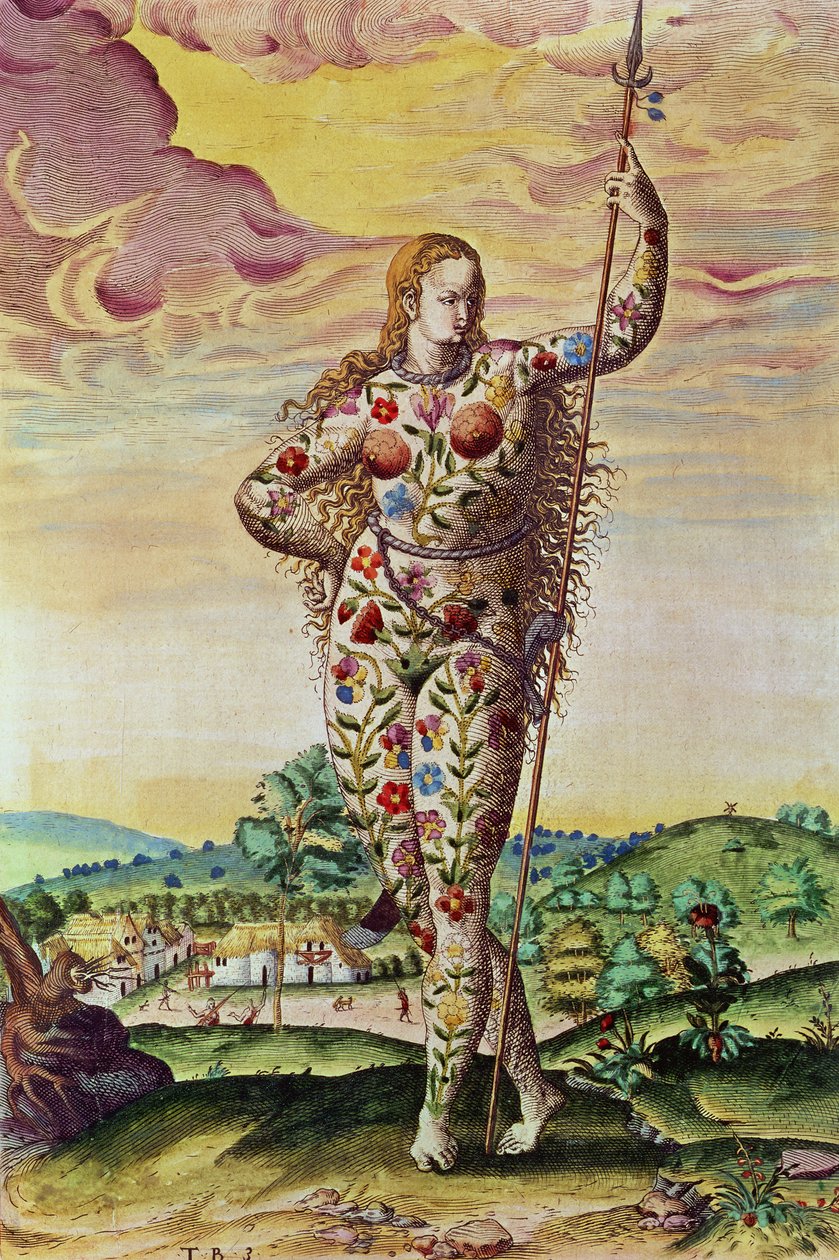थियोडोर डी ब्राय (1528-88) 1585-88 द्वारा उकेरी गई &39;एडमिरलैंड नरेटियो ..&39; से एक यंग पिक्चरिश वुमन द्वारा जैक्स ले मोयने