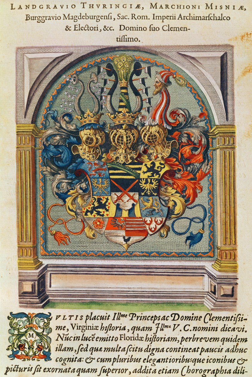 फ्रैंकफर्ट में प्रकाशित थियोडोर डी ब्राय (1528-98) द्वारा उत्कीर्ण &39;ब्रेविस नराटियो ..&39; से कोट ऑफ आर्म्स, 1591 द्वारा जैक्स ले मोयने