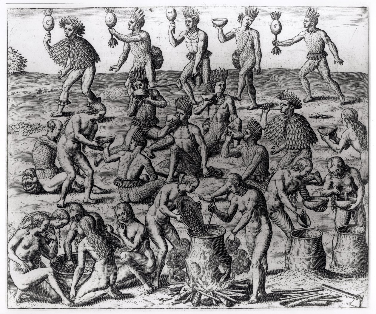 थिओडोर डी ब्राय (1528-98) द्वारा उकेरी गई मनिओक रूट की तैयारी करने वाली भारतीय महिलाएं &39;अमेरिका&39;, 1593 द्वारा जैक्स ले मोयने