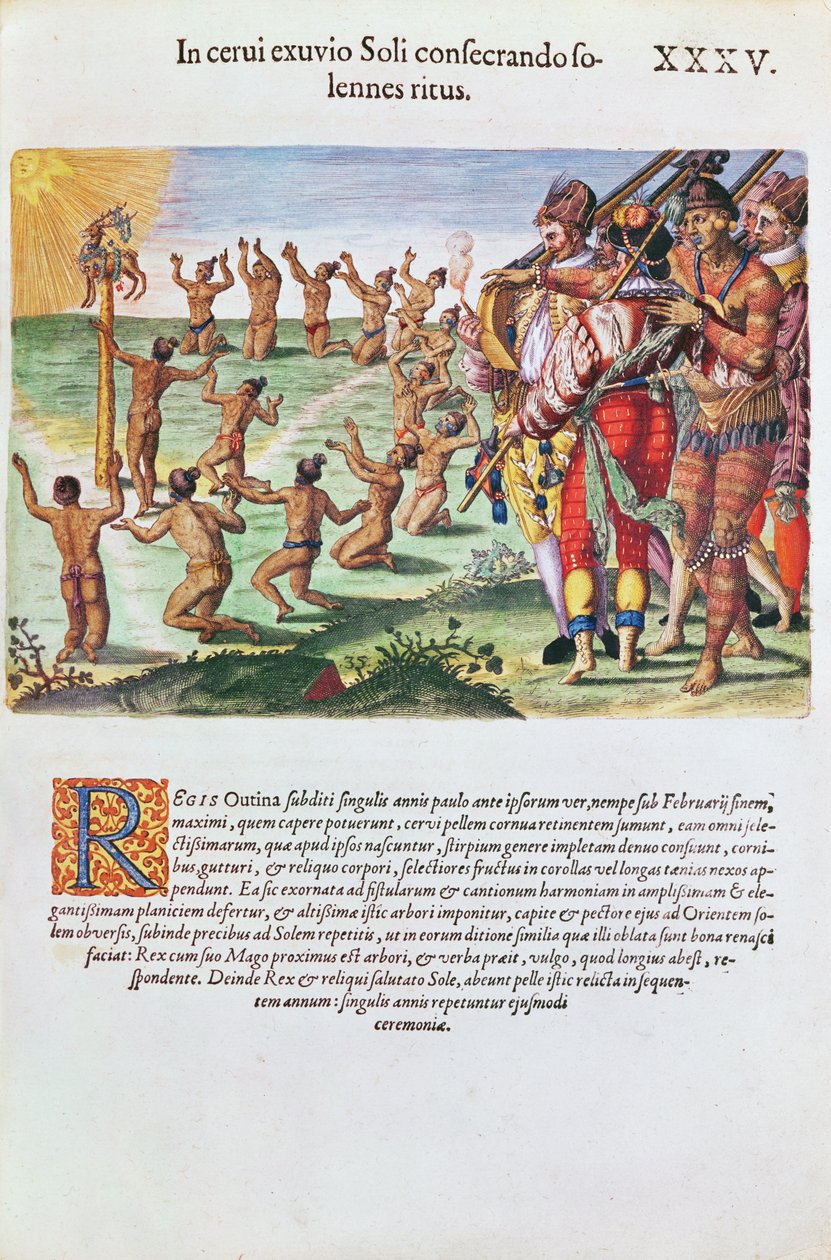 सूर्य की पूजा एक अनुष्ठान के साथ एक हिरण की पेशकश के साथ, &39;ब्रेविस नराटियो&39; से, थियोडोर डी ब्राय द्वारा उत्कीर्ण (1528-98) 1563 द्वारा जैक्स ले मोयने