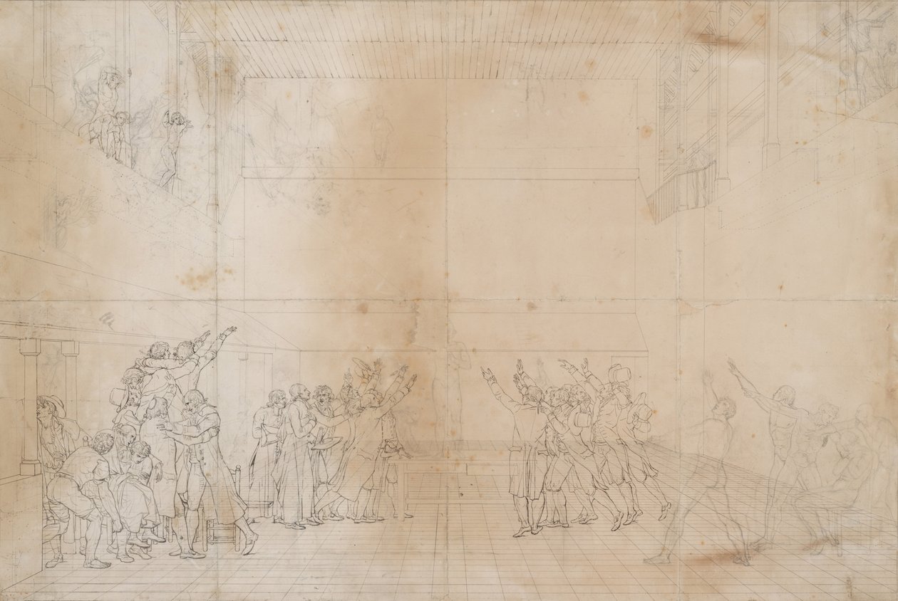 टेनिस कोर्ट की शपथ के लिए अध्ययन, c.1790 (कागज पर स्याही और ग्रेफाइट) द्वारा जैक्स लुई डेविड