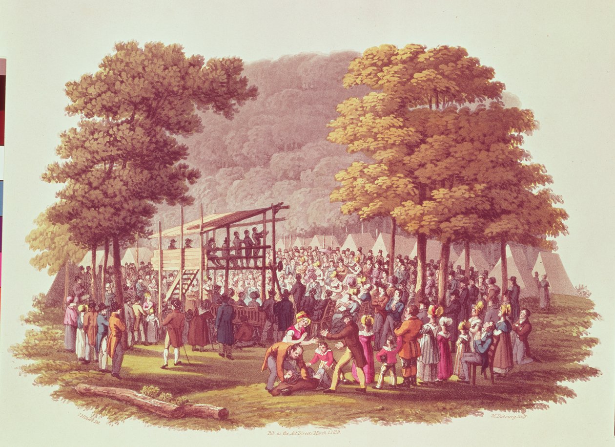 उत्तरी अमेरिका में मेथोडिस्ट्स की कैंप मीटिंग, एम। डबबर्ग द्वारा 1819 में उकेरी गई द्वारा जैक्स मिल्बर्ट
