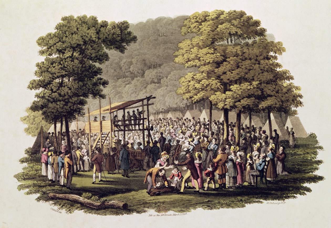 मैथ्यू डबबर्ग (fl.1813-20) 1819 द्वारा उत्कीर्ण, उत्तरी अमेरिका में मेथोडिस्ट्स की शिविर बैठक द्वारा जैक्स मिल्बर्ट