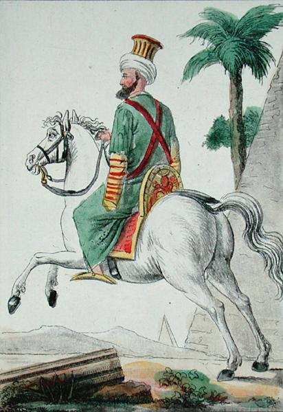 1801 में मिस्र के काहिरा से एक मामेलुक, कलाकार द्वारा 'वॉयेज पिटोरेस्क डान्स लेस क्वाट्रे पार्ट्स डू मोंडे' का चित्रण द्वारा जैक्स (बाद में) ग्रासेट डी सेंट-सौवेउरो