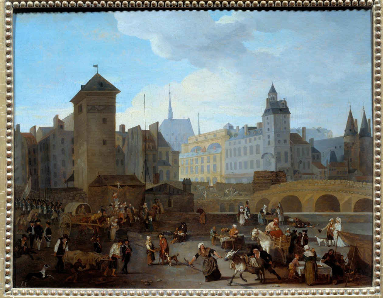 फ्रांसीसी क्रांति: "" पेरिस में पुल और पंप नोट्रे-डेम का दृश्य"" पंप ने कई पेरिस के फव्वारे, दैनिक जीवन के दृश्य, व्यापारियों, एम्बुलेंस परिचारकों को घायल, सैनिकों को ले जाने के लिए खिलाया। जैक्स अल्बर्ट सेनावे द्वारा पेंटिंग (1755-1 .) द्वारा जैक्स अल्बर्ट सेनवे