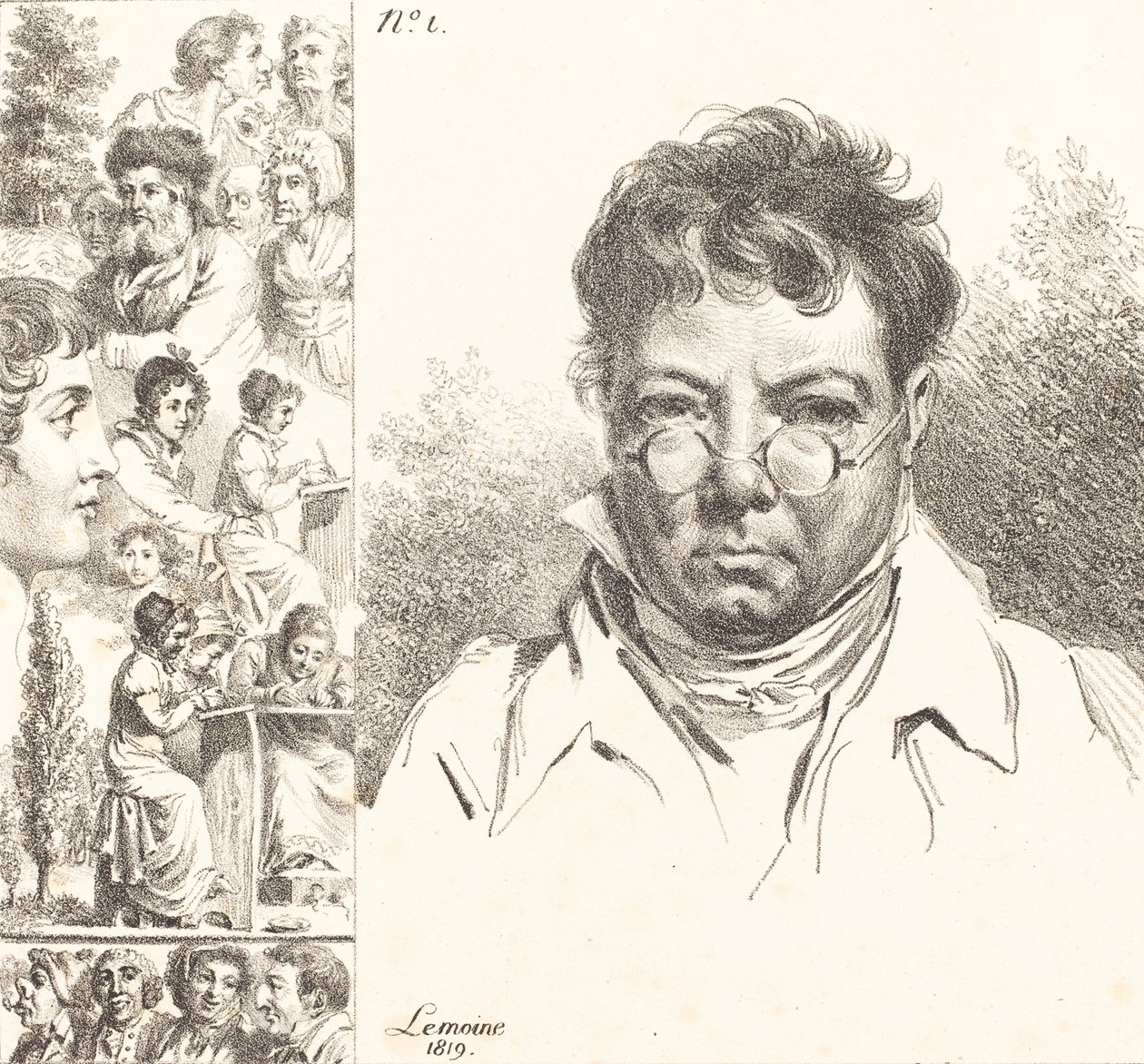 सेल्फ-पोर्ट्रेट एंड अदर हेड्स, 1819 (लिथोग्राफ) द्वारा जैक्स एंटोनी मैरी लेमोइन