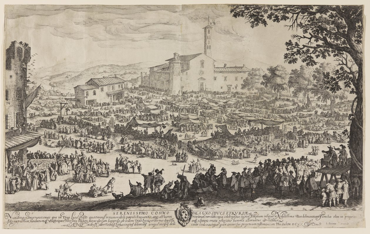 ल इम्प्रुनेटा में मेला, c.1622 (बिखरे हुए कागज पर नक़्क़ाशी) द्वारा जैक्स कैलोट