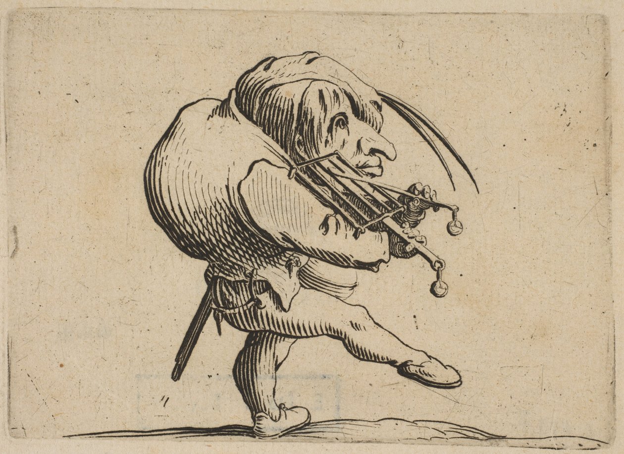 LHomme Raclant un Gril en Guise de Violon Man a Scilling a Grill of a Viol ..., 1616-22। द्वारा जैक्स कैलोट