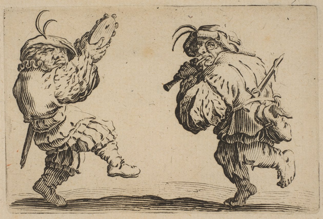 Les Danseurs a la Flute et au Tambourin दो नर्तकियों की बांसुरी और तंबूरी बजाना ..., 1617-20। द्वारा जैक्स कैलोट