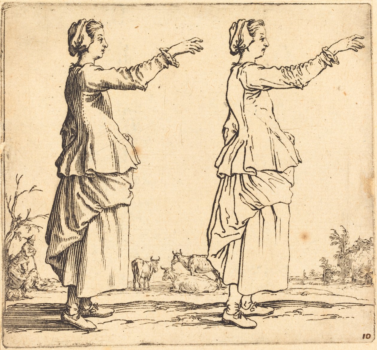 किसान महिला, प्रोफ़ाइल में, दाहिनी ओर मुड़ी हुई, भुजा विस्तारित, 1617 और 1621 के साथ। द्वारा जैक्स कैलोट