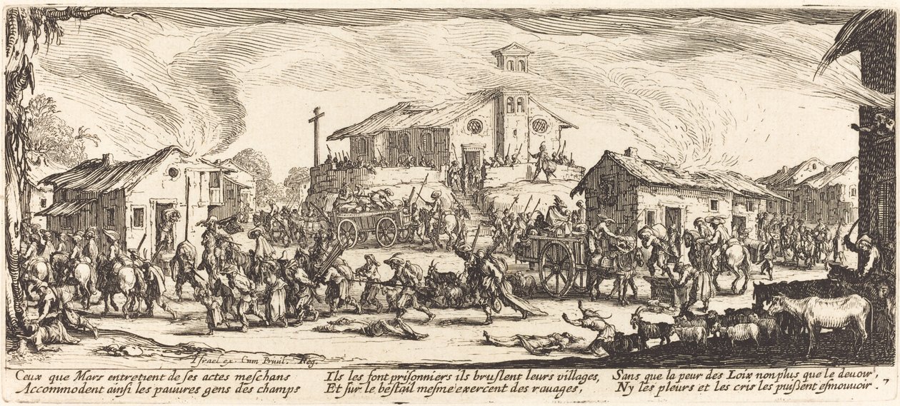 एक गाँव को लूटना और जलाना, c. 1633. द्वारा जैक्स कैलोट