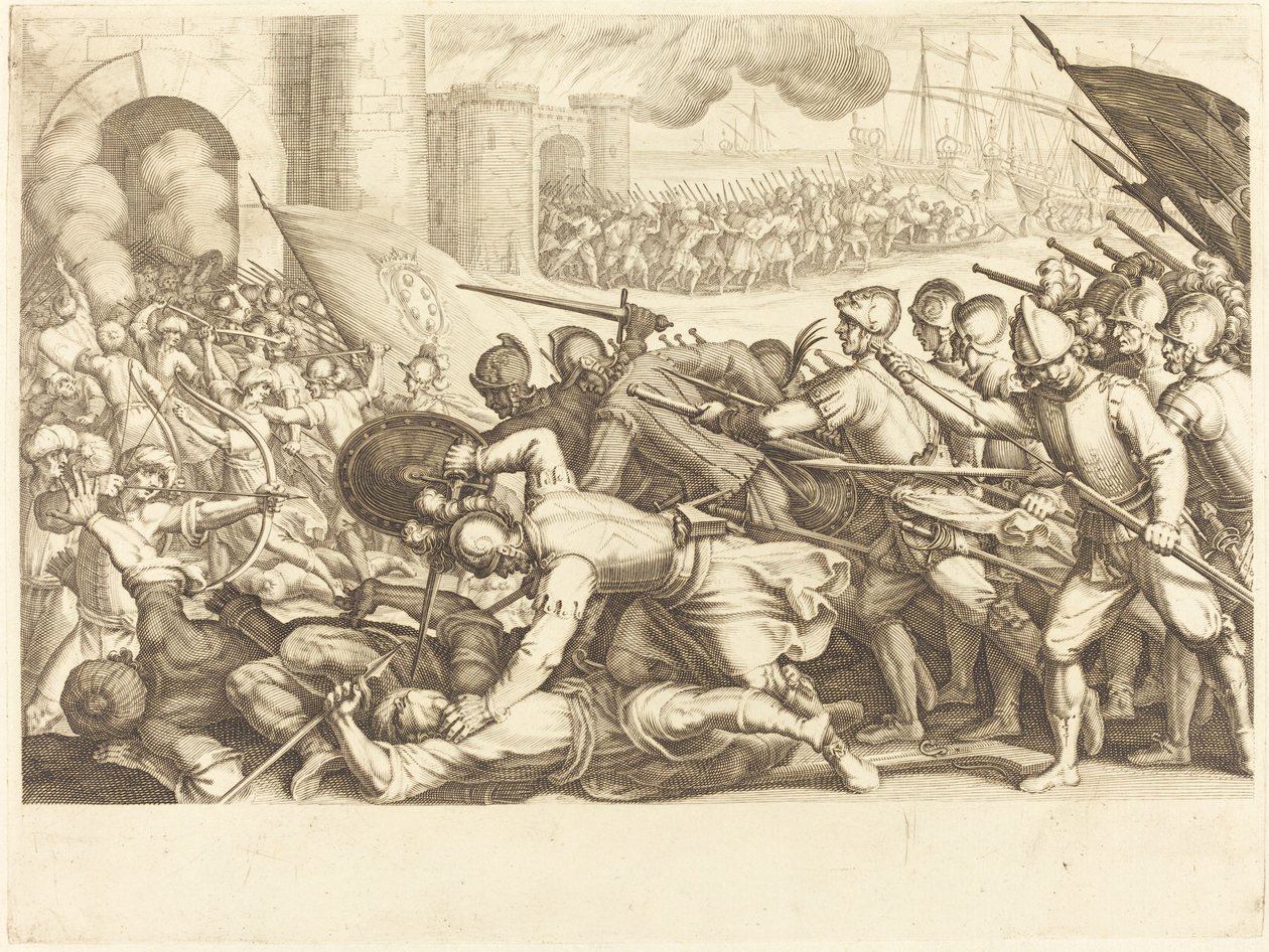 एक कस्बे के द्वार पर बलपूर्वक प्रवेश करने वाले सैनिक, c. 1614. द्वारा जैक्स कैलोट
