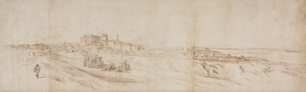 कोच और आंकड़े के साथ रोम के पास, Castello Bracciano का दृश्य द्वारा जैक्स कैलोट