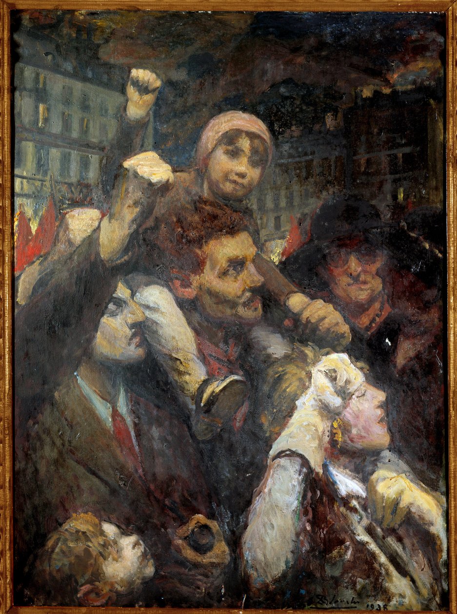 पॉपुलर फ्रंट: "" 1938 में पेरिस में लोकप्रिय प्रदर्शन "" पेरिस की सड़कों पर वामपंथी राजनीतिक प्रतिबद्धता के संकेत के रूप में सभी उम्र के पेरिसियों ने अपनी मुट्ठी उठाई। जैक्स एमिल (जैक्स-एमिल) ब्लैंच (1861-1942) 1938 सन द्वारा पेंटिंग। 1 द्वारा जैक्स एमिल ब्लांच