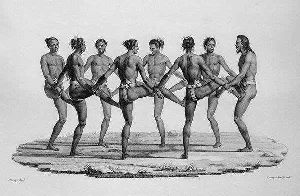 1817-20 में आयरलैंड के कोरवेट पर दुनिया भर की यात्रा से कैरोलीन द्वीप समूह में मूल नृत्य, 1825 में प्रकाशित Lerouge और Forget द्वारा Arago के बाद जैक्स एटीन विक्टर
