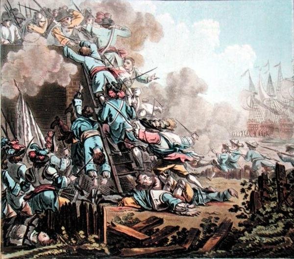 सैन साल्वाडोर, सिसिली (1674) के किले पर कब्जा, जीन बैप्टिस्ट मोरेट द्वारा उकेरा गया (fl.1790-1820) द्वारा जैक्स फ्रेंकोइस जोसेफ (बाद) स्वेबाक