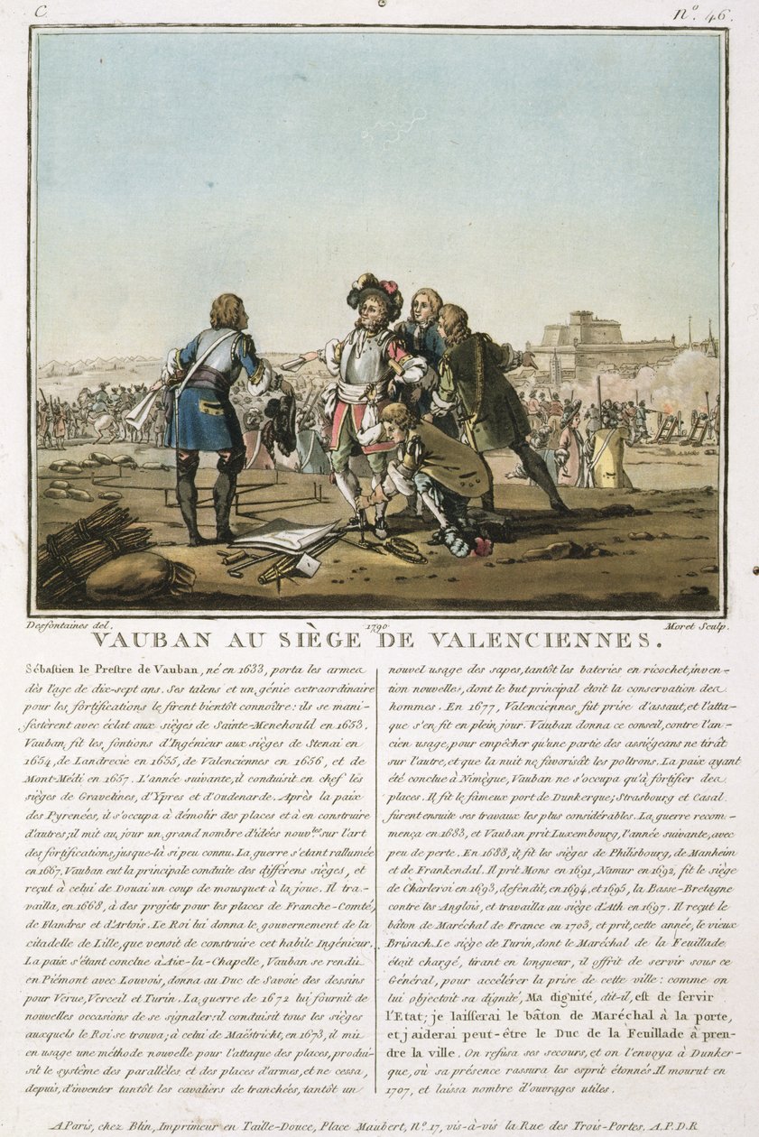 सेबेस्टियन ले प्रेस्ट्रे डे वौबन (1633-1707), वेलेंकिनीज़ की घेराबंदी में (1677), जीन बैप्टिस्ट मॉरेट द्वारा उत्कीर्ण (fl.1790-1820), 1790 (रंगीन लिथो) द्वारा जैक्स फ्रेंकोइस जोसेफ स्वेबाक
