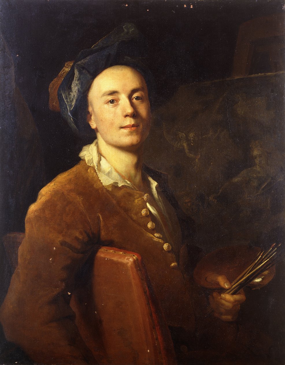 चित्रकार का चित्र, आधी लंबाई में बैठा, एक पैलेट और ब्रश पकड़े हुए, c.1710-15 द्वारा जैक्स फ्रैंकोइस डेलीन