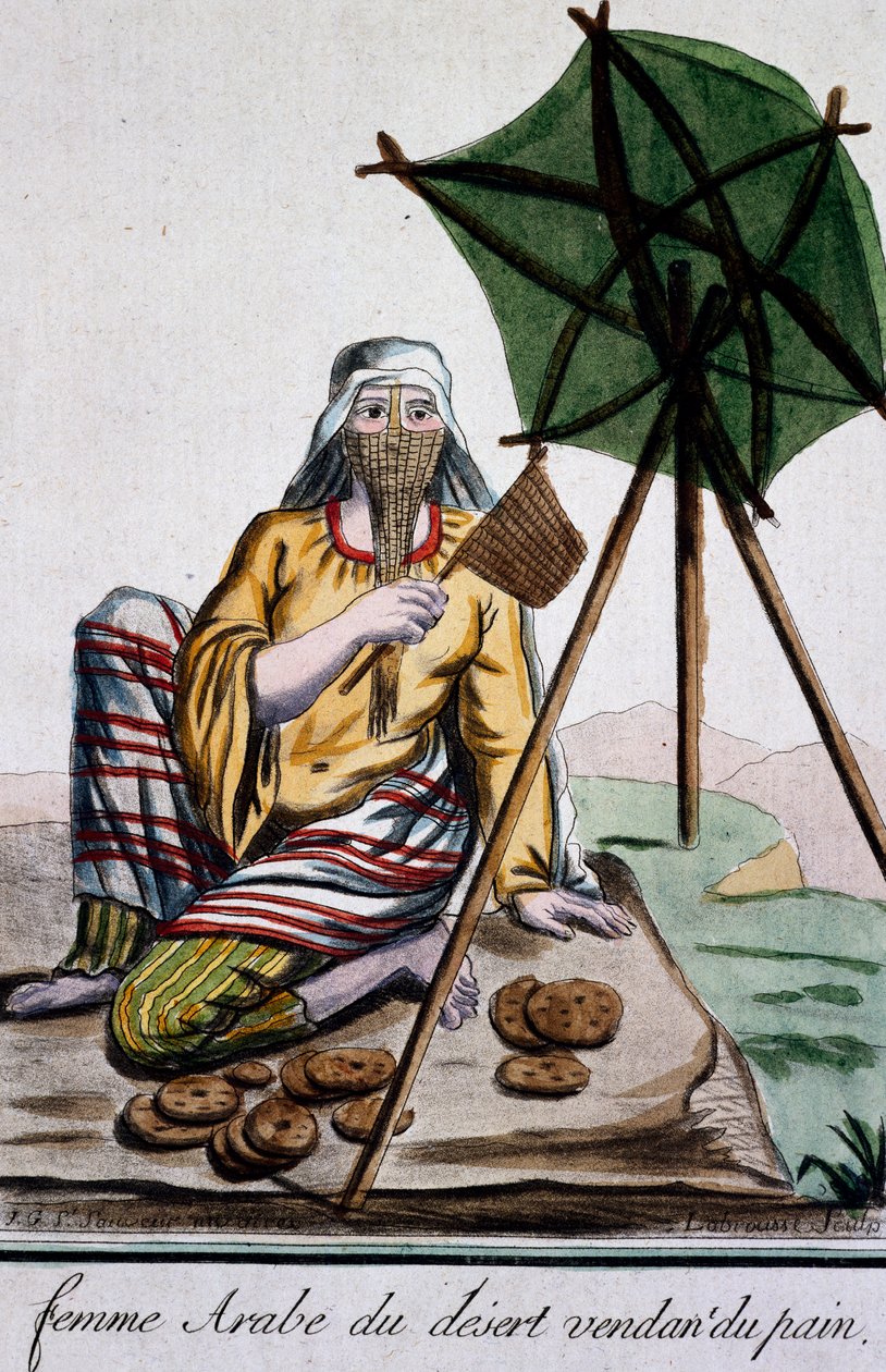 जैक्स ग्रासेट डी सेंट-सौवेउर (1757-1810) द्वारा एनसाइक्लोपीडी डेस वॉयेज से उत्कीर्णन, रेगिस्तान की रोटी बेचने वाली अरब महिला द्वारा जैक्स ग्रासेट डी सेंट सौवेउर