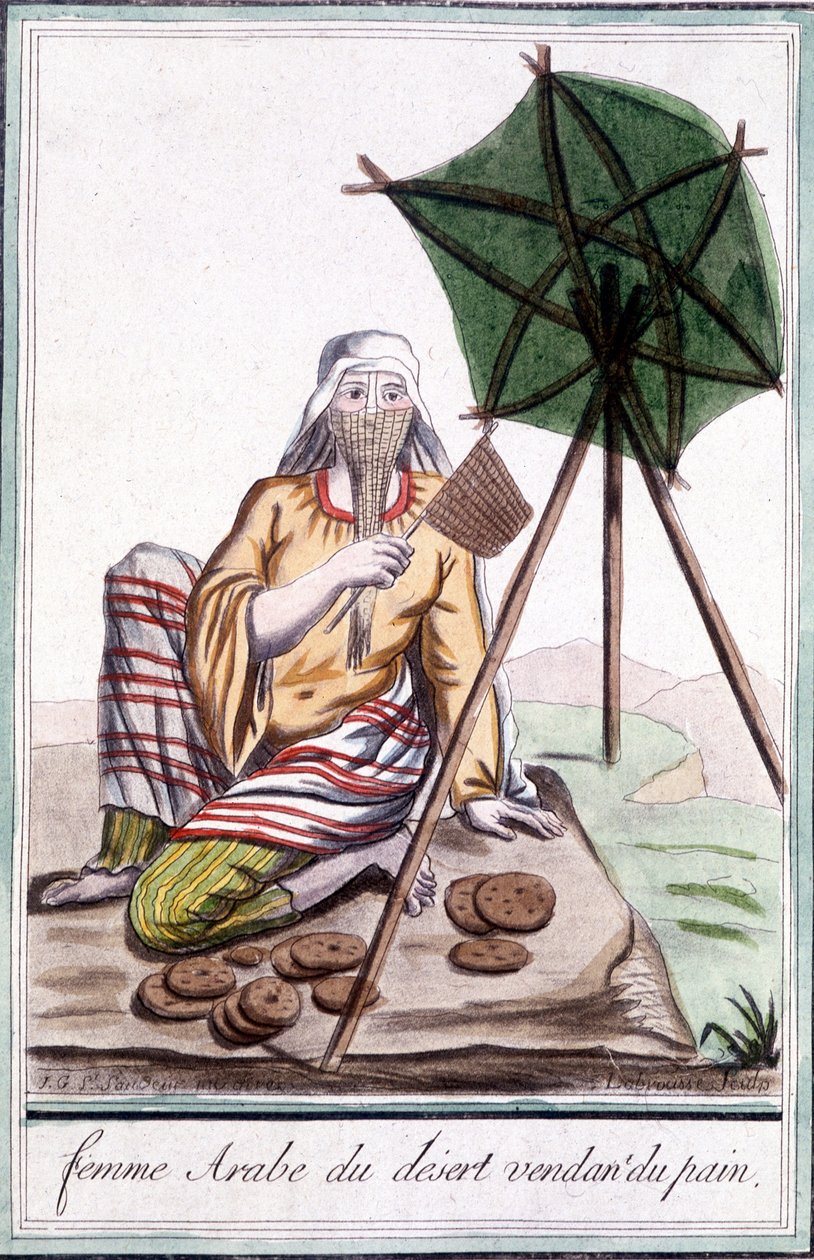 डेजर्ट अरेबियन वुमन सेलिंग ब्रेड - ग्रासेट सेंट सॉवेउर द्वारा "" इनसाइक्लोपीडिया ऑफ़ ट्रेवल्स "" में, एड। 1796 द्वारा जैक्स ग्रासेट डी सेंट सौवेउर