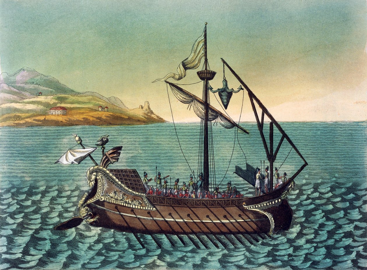 जैक्स ग्रासेट डी सेंट-सौवेर (1757-1810) द्वारा रोमन गैली युद्धपोत पर डुइलियस कोरवस (बोर्डिंग डिवाइस), प्राचीन रोम से उत्कीर्ण द्वारा जैक्स ग्रासेट डी सेंट सौवेउर