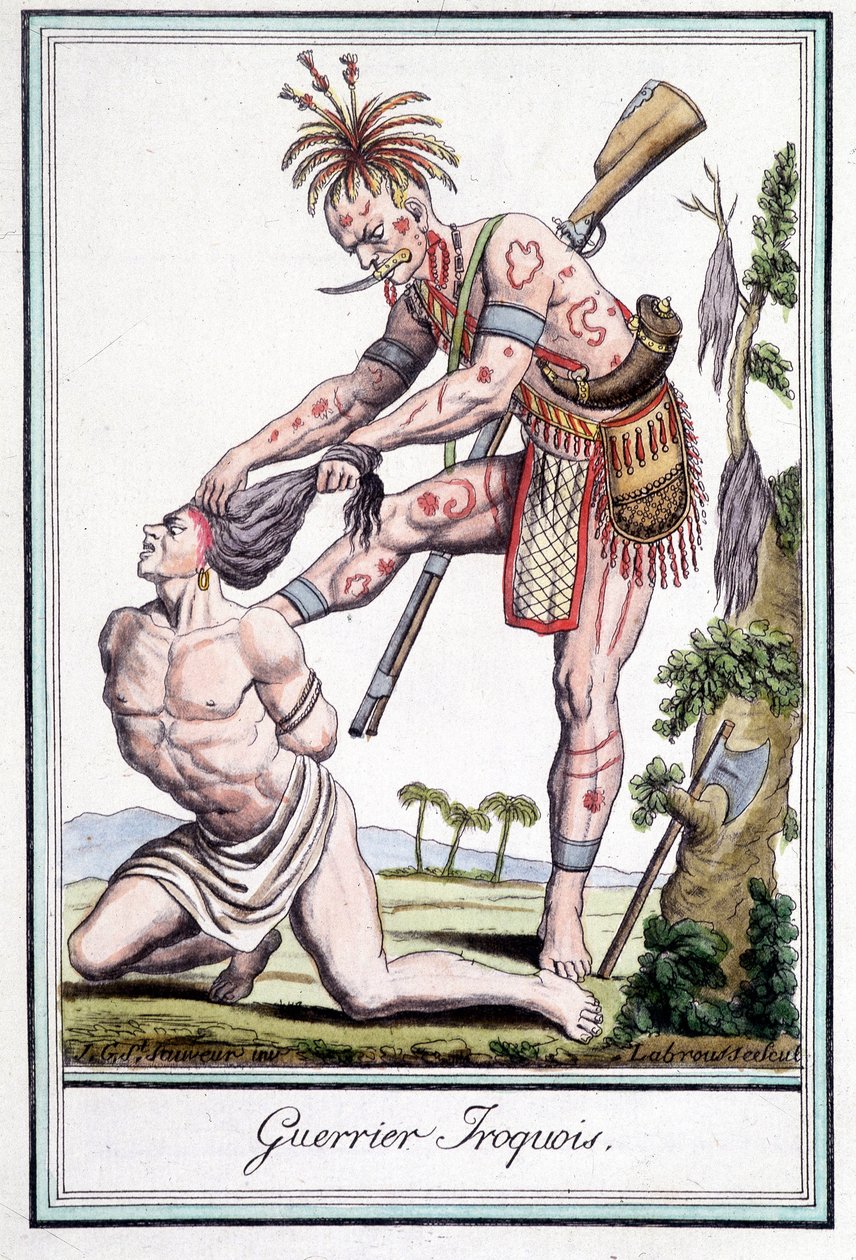Iroquois योद्धा अपने दुश्मन को खदेड़ रहा है - ग्रासेट सेंट सॉवेउर, पेरिस द्वारा "" इनसाइक्लोपीडिया ऑफ़ ट्रेवल्स "" में द्वारा जैक्स ग्रासेट डी सेंट सौवेउर