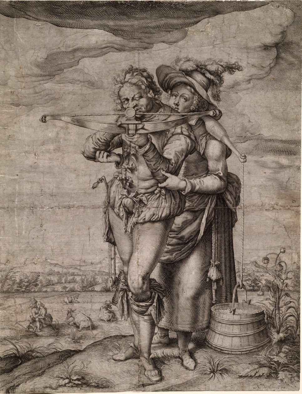L'arbaletrier et la laitire - The Crossbowman and the Milkmaid - Gheyn, Jacques de, the Younger (Jacob De Gheyn II, dit le Jeune) (1565-1629) - c. 1610 - तांबे की नक्काशी - 39,3x30 - निजी संग्रह द्वारा जैक्स II डी घेन