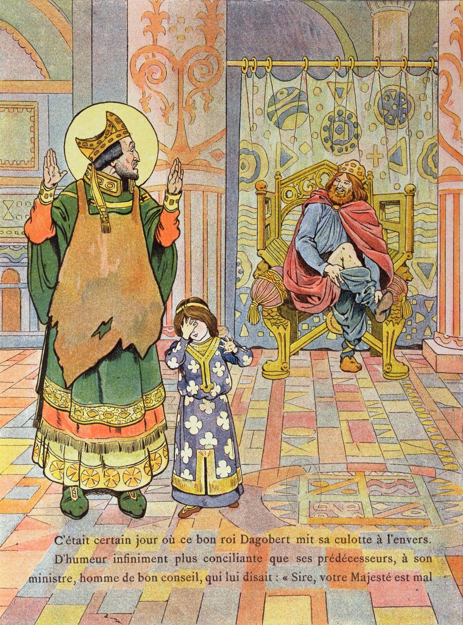 राजा डागोबर्ट I (c.603-39) ने जी। मोंटगोरिल, c.1910 द्वारा &39;फ्रांस, सोन हिस्टॉयर&39; के चित्रण के गलत तरीके से अपना पतलून उतार दिया द्वारा जैक्स मैरी गैस्टन ऑनफ्र्रे डी ब्रेविल (नौकरी)