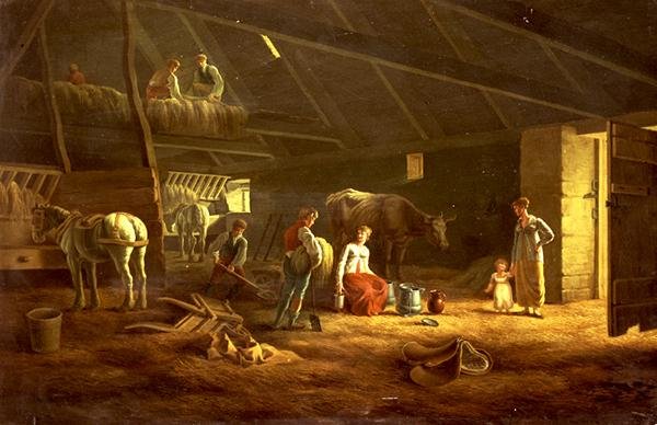 एक खलिहान में एक मिल्कमेड, फार्महैंड और हल घोड़े द्वारा जैक्स लॉरेंट (सर्कल) अगासे