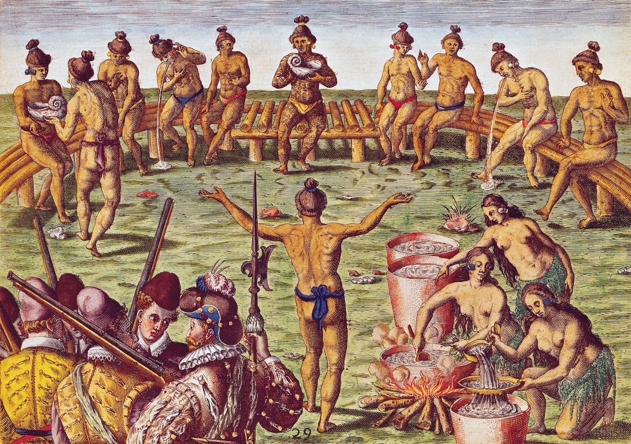फ्लोरिडा के निवासियों ने थियोडोर डी ब्राय (1528-88) 1563 द्वारा उत्कीर्ण &39;ब्रेविस नराटियो ..&39; से महत्वपूर्ण मामलों पर निर्णय लिया। द्वारा जैक्स ले मोयने