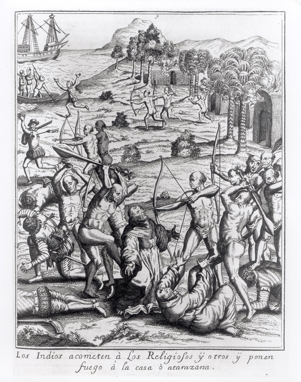 भारतीयों ने पुजारियों और अन्य लोगों पर हमला किया और उनके घरों में आग लगा दी, जो कि थियोडोर डी ब्राय (1528-98) द्वारा लिखित और उत्कीर्ण &39;अमेरिका&39; से उत्कीर्ण है द्वारा जैक्स ले मोयने