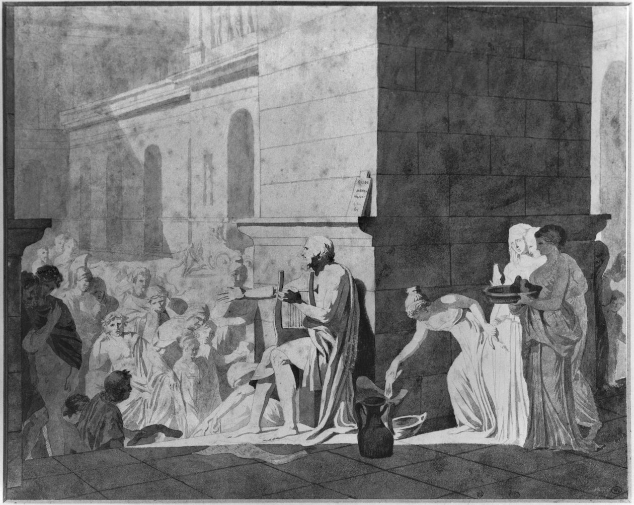 होमर ने अपनी कविताओं का पाठ करते हुए, 1794 (कागज पर पेन अन ब्लैक स्याही अन ग्रेफाइट अंड ग्रे वॉश अन रेड चाक) द्वारा जैक्स लुई डेविड