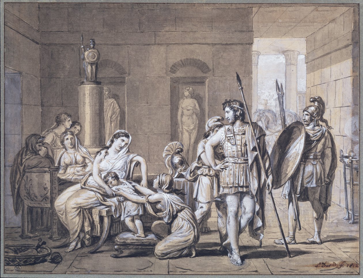 हेक्टर के प्रस्थान, c.1812 (कागज पर पेन इन स्याही और पेंसिल) द्वारा जैक्स लुई डेविड