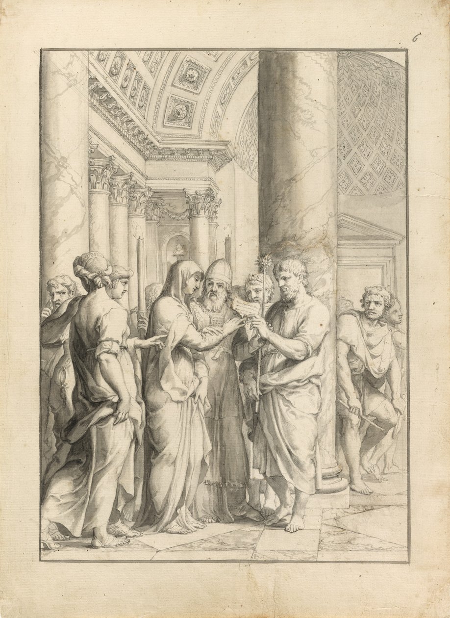 वर्जिन की शादी, c.1640 (कलम और काली स्याही, ब्रश और ग्रे और पीले भूरे रंग के धुलाई और ग्रेफाइट के साथ, पाइकड क्रीम रखी कागज पर) द्वारा जैक्स स्टेला