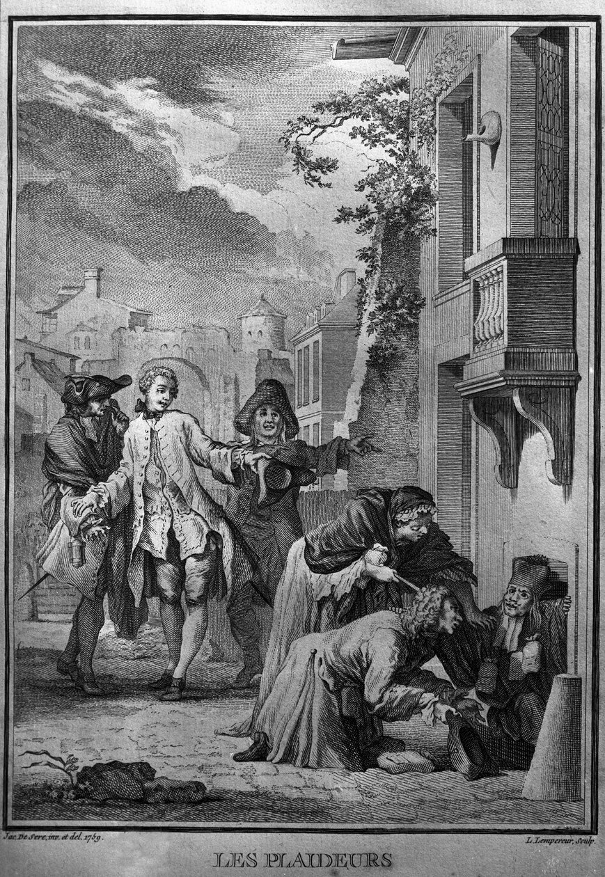जीन रैसीन (1639-1699), फ्रांसीसी दुखद कवि के कार्यों के लिए जैक्स डी सेव के बाद लेस प्लेडर्स चित्रण। 1760 की नक्काशी। द्वारा जैक्स डी (बाद में) परोसें