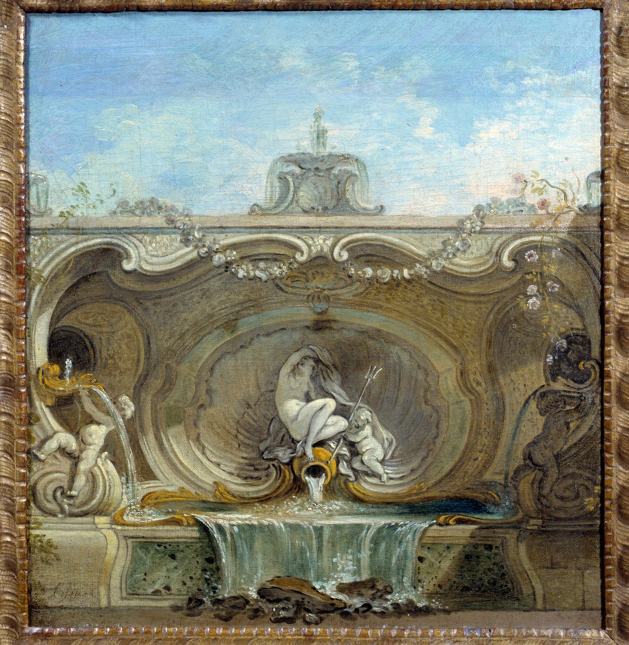 फव्वारा उद्यान। जैक्स डी लाजौ द्वारा चित्रकारी (1686 - 1761) द्वारा जैक्स डी लाजौ