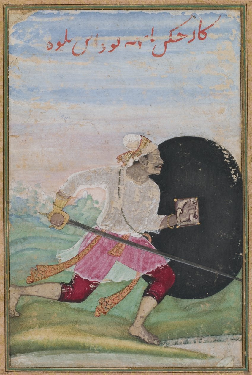 रनिंग स्वोर्ड्समैन, मुगल वंश, c.1600 (अपारदर्शी wc, कागज पर सोने की अयोग्य स्याही) द्वारा 