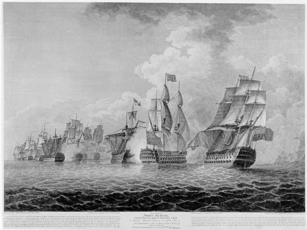HMS&39;Victory &39;साल्वाडोर डेल मुंडे&39; को रेक करने के लिए, 1797 में केप सेंट विंसेंट से समुद्री लड़ाई, जेम्स फेटलर (1758-1835) पब द्वारा उकेरा गया। 1798 द्वारा जेहेल ब्रेंटन