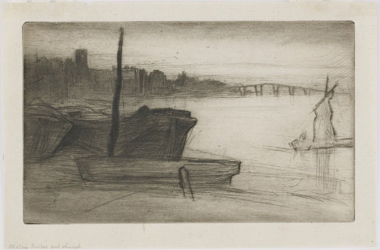 चेल्सी ब्रिज और चर्च, c.1870-71 (कागज पर drypoint) द्वारा जेम्स एबॉट मैकनील व्हिस्लर
