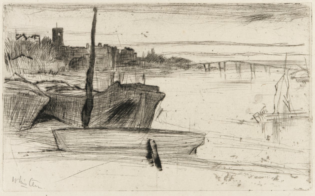 चेल्सी ब्रिज और चर्च, c.1870-71 (कागज पर drypoint) द्वारा जेम्स एबॉट मैकनील व्हिस्लर