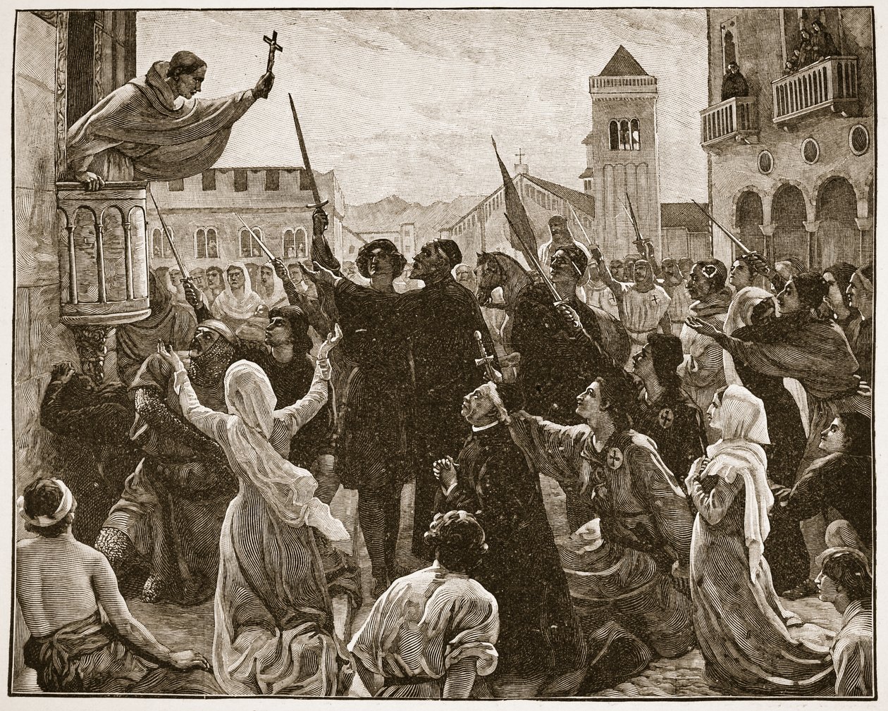 सेंट बर्नार्ड, दूसरे धर्मयुद्ध का प्रचार करते हुए, एचडीएम स्पेंस-जोन्स, पब द्वारा &39;द चर्च ऑफ इंग्लैंड: ए हिस्ट्री फॉर द पीपल&39; का चित्रण। c.1910 (सीपिया फोटो) द्वारा जेम्स आर्चर