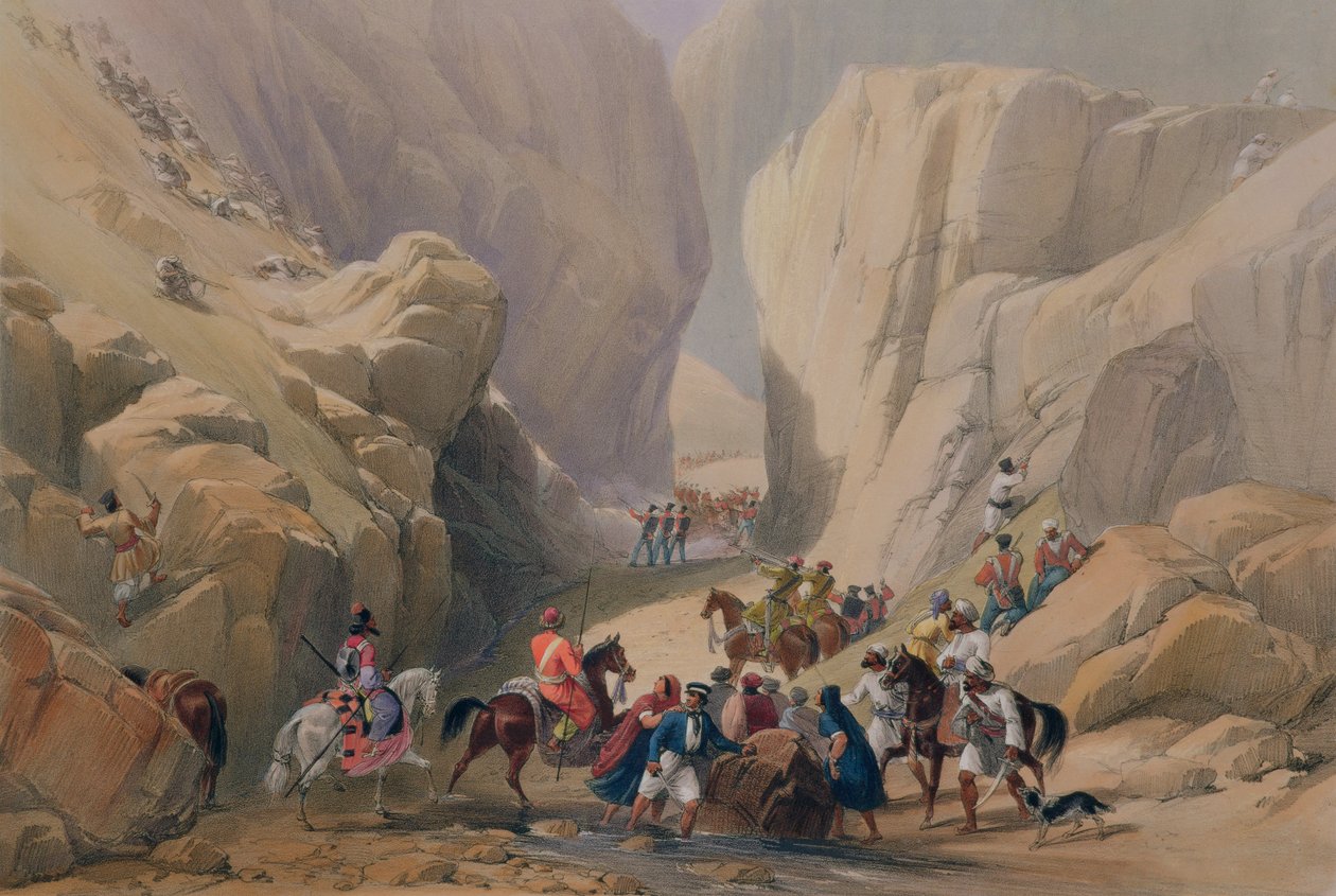 हेनरी लेवेस, 1842 द्वारा प्रकाशित चार्ल्स हागे (1810-88) और लुई हेघे (1806-85) द्वारा उकेरे गए &39;स्केचेस इन अफ्घूनिस्तान&39; में सिरी बोलन के ऊपर नैरो पास में उद्घाटन द्वारा जेम्स एटकिंसन