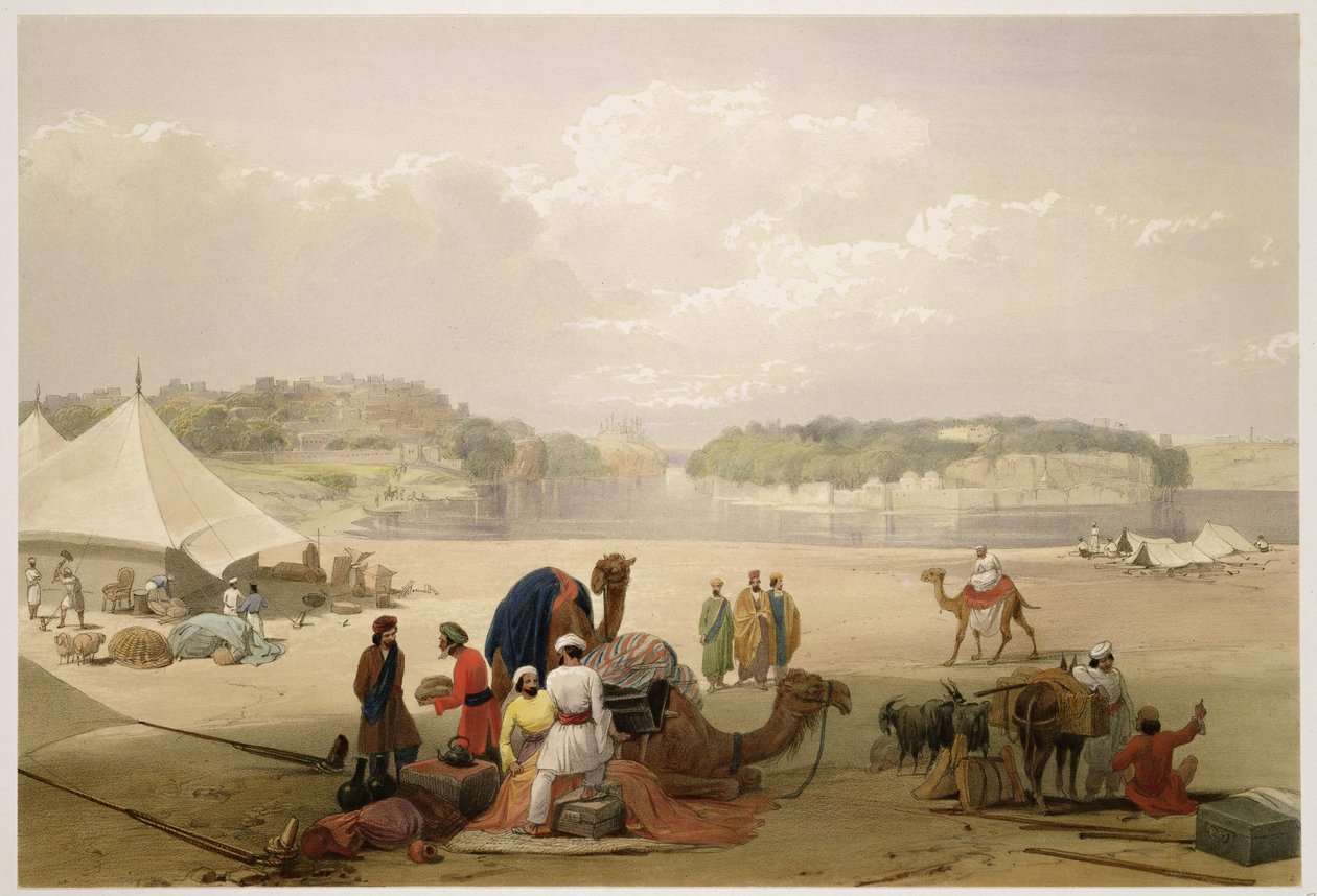 हेनरी ग्रेव्स, 1842 (रंग ली) द्वारा प्रकाशित चार्ल्स हागे (1810-88) और लुई हेघे (1806-85) द्वारा उत्कीर्ण &39;स्केचेस इन अफ्घूनिस्तान&39; से सिंधु पर द टाउन ऑफ रॉरे और भुकर के सिंधु पर। द्वारा जेम्स एटकिंसन