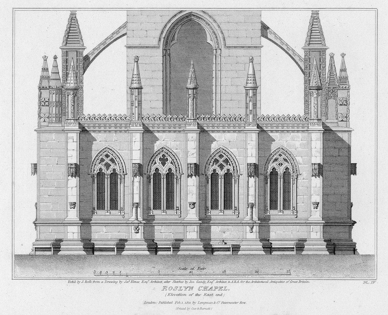 रोसलिन चैपल, पूर्व छोर की ऊंचाई, जे। रोफ द्वारा उत्कीर्ण, 1811 द्वारा जेम्स एल्म्स