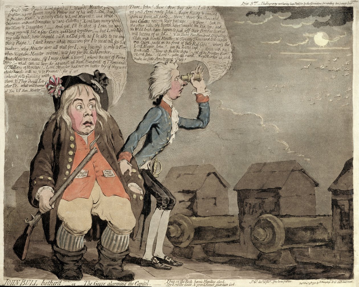 जॉन बुल बोथ्रिड, या द हैज़ अलार्मिंग द कैपिटल, 1792 में हन्ना हम्फ्री द्वारा प्रकाशित (हाथ से रंगी हुई ईचिंग एक्वाटिंट) द्वारा जेम्स गिलियरे
