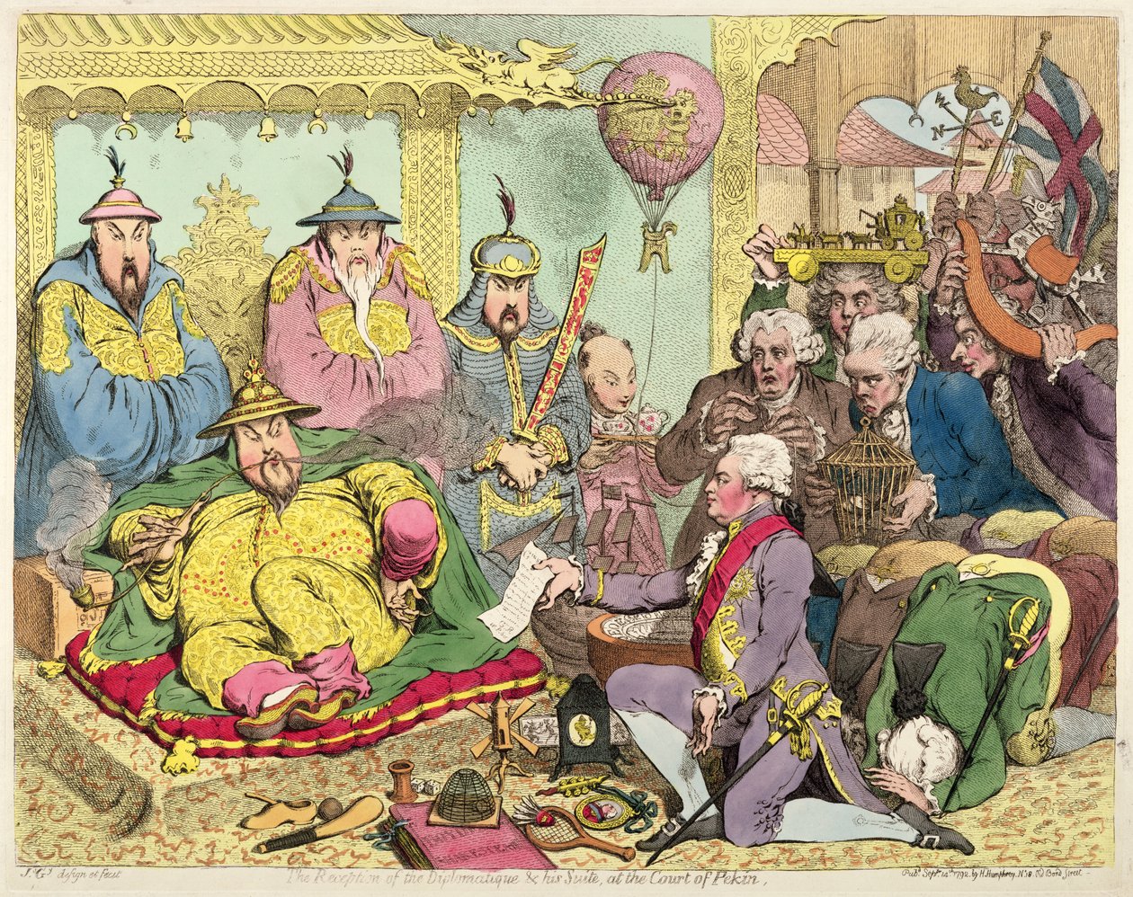 पेकोन के कोर्ट में डिप्लोमैटिक और उनके सुइट की रिसेप्शन, c.1793 (रंग नक़्क़ाशी) द्वारा जेम्स गिलियरे