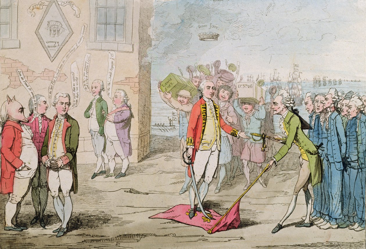 रॉडने ट्रम्पहंट, या डंप में एडमिरल ली-शोर, 1782 (हाथ से रंग का नक़्क़ाशी) द्वारा जेम्स गिलियरे