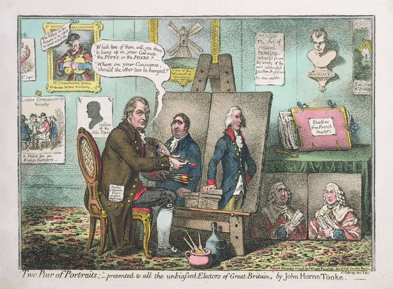 पोर्ट्सिट्स के दो जोड़े, जॉन हॉर्न टके (1736-1812) द्वारा ग्रेट ब्रिटेन के सभी निष्पक्ष निर्वाचकों को प्रस्तुत, जे राइट द्वारा प्रकाशित और &39;फ़ॉर एंटी-जैकबिन रिव्यू&39;, 1798 (ई के साथ नक़्क़ाशी) द्वारा जेम्स गिलियरे
