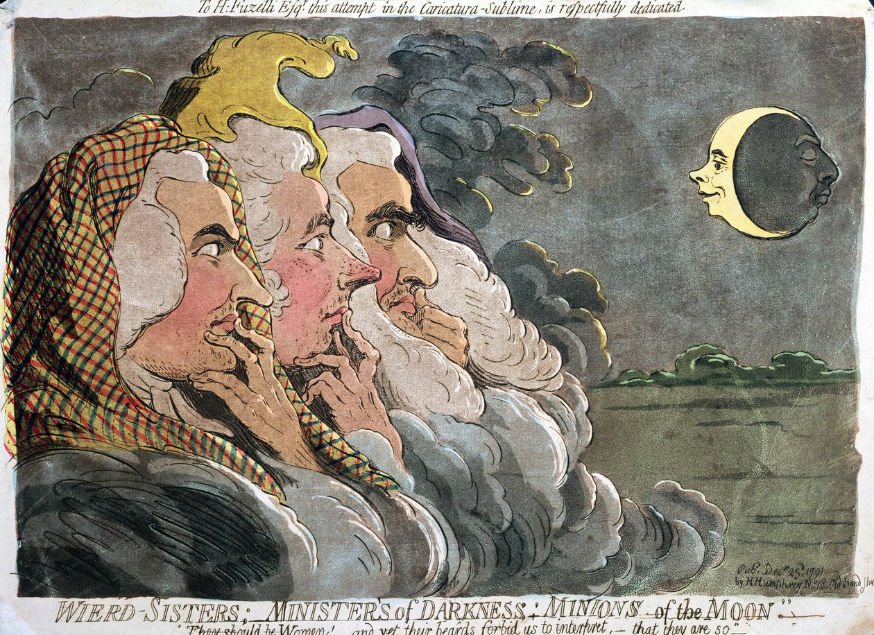 अजीब बहनों; अंधेरे के मंत्री; हनाह हम्फ्रे, 1791 (एक्वाटिंट के साथ नक़्क़ाशी) द्वारा प्रकाशित चंद्रमा की मिनिंग्स द्वारा जेम्स गिलियरे