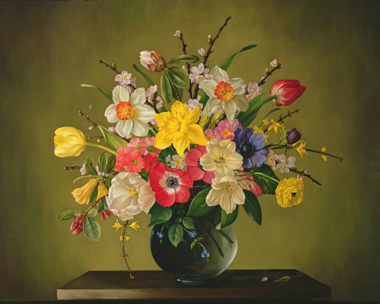 एक ग्लास फूलदान में Narcissi, Anemones, Tulips, Forsythia, Rhododendron और Apple Blossom द्वारा जेम्स नोबल